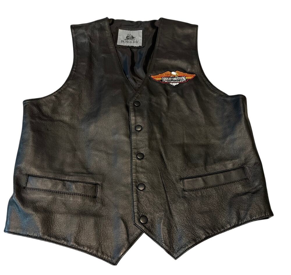 Vintage Burk's Bay Black Leather Biker Vest Harley Davidson Eagle Men's L
